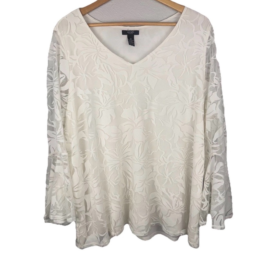 Alfani Women’s 3X Ivory Sheer Lace Floral Blouse Bell Sleeves V-Neck Coquette - Picture 1 of 10